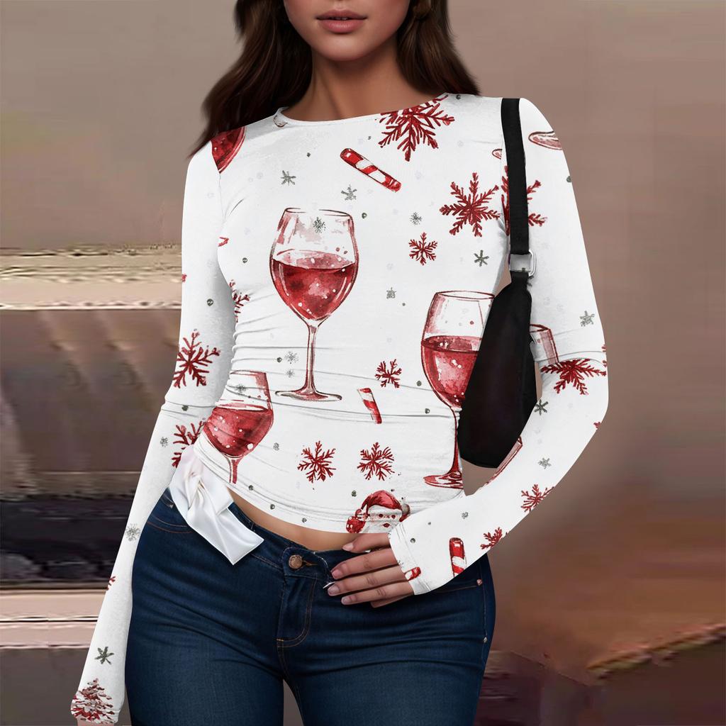 Women's Fashion Casual Round Neck Christmas Printed Long Sleeve T-Shirt Top