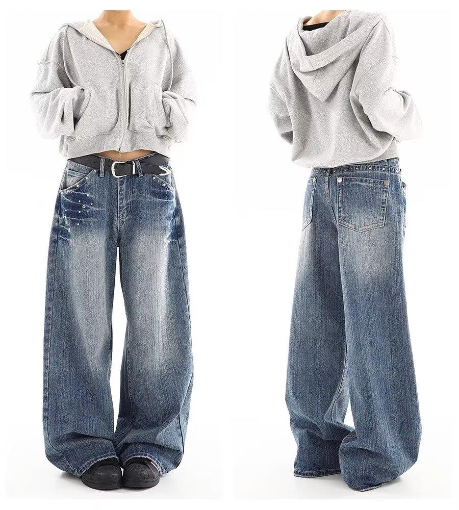 JYL Women s Straight Jeans American Vintage Rivet Winter Washed Trendy Denim S бездна