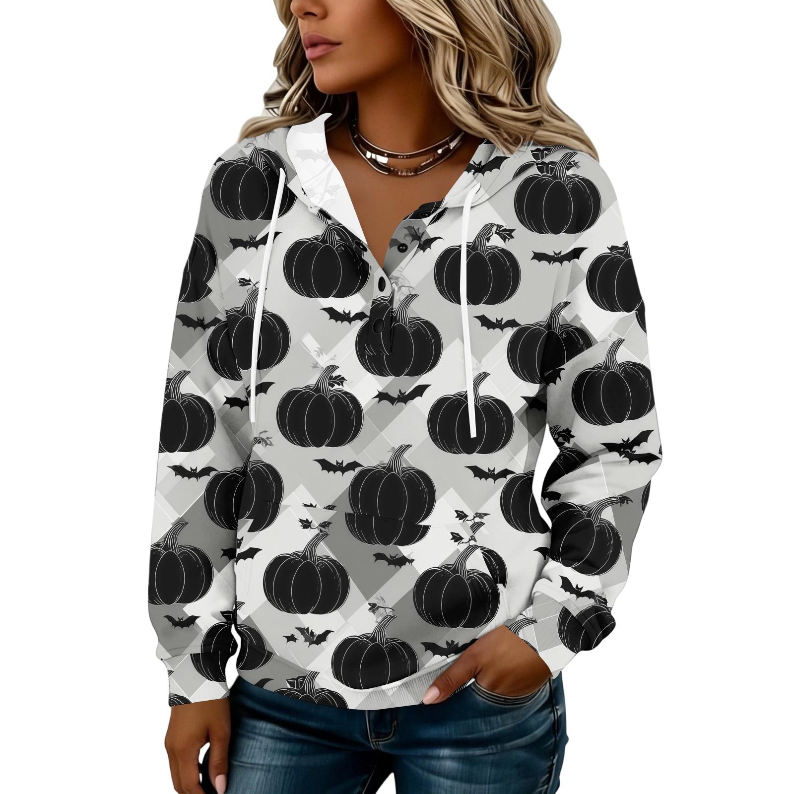 Women s Fashion Hooded Button Front Halloween Print Sweatshirt XXL