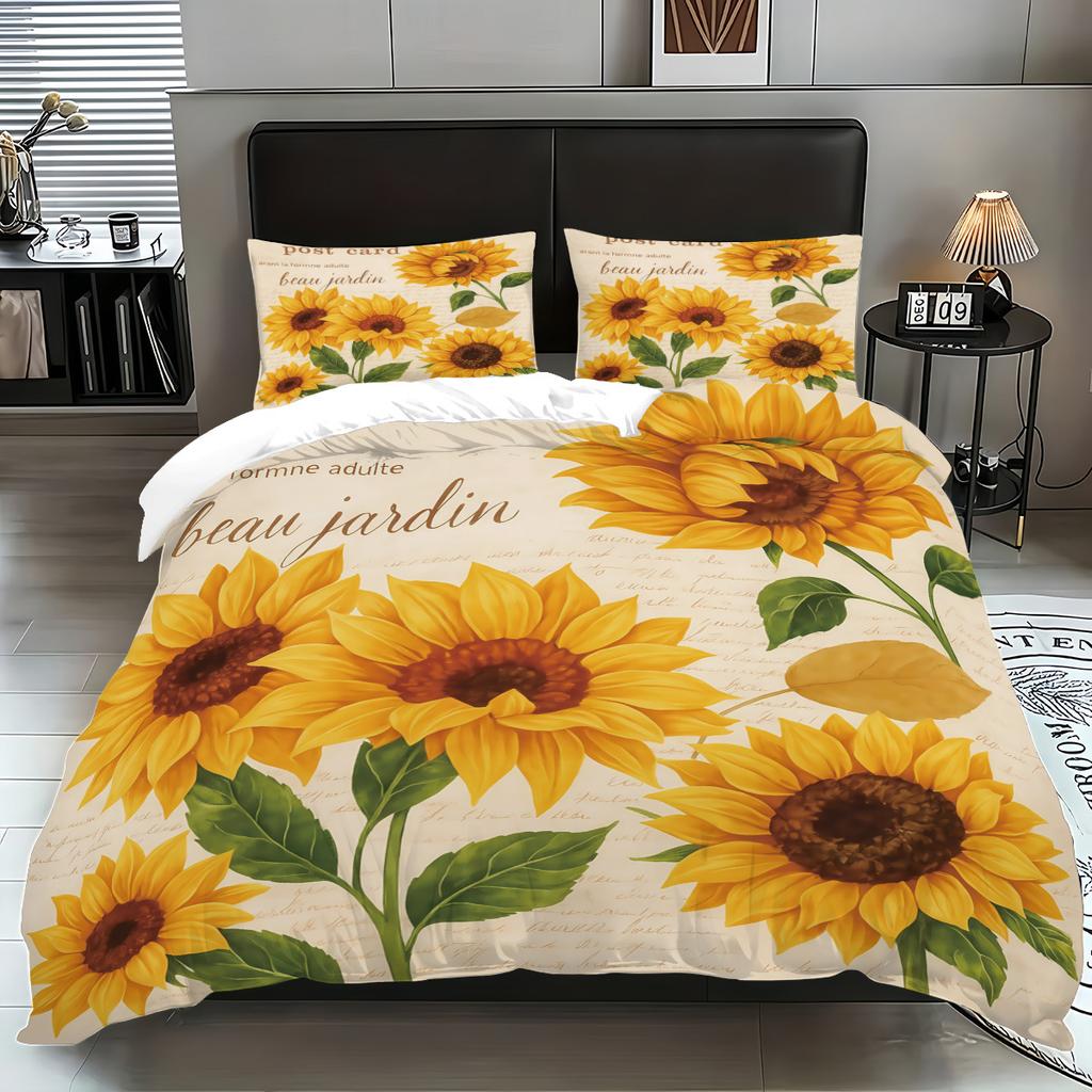 Dreiteilige Sonnenblumen-Bettwäsche mit Sandfinish, Blumendeckenbezug, Digitaldruck-Bettwäscheset