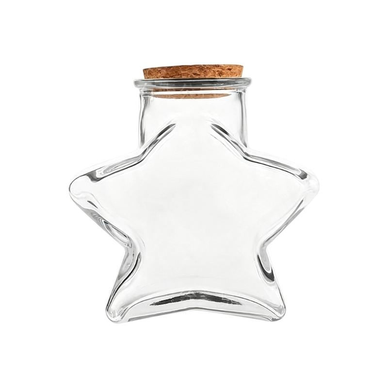 Decorative Glass Bottles With Cork Stopper Clear Glass Jar in Five-Point Form with Wood Cap,Display Bottle for Sand Candy and Paper Bits in Shelf or