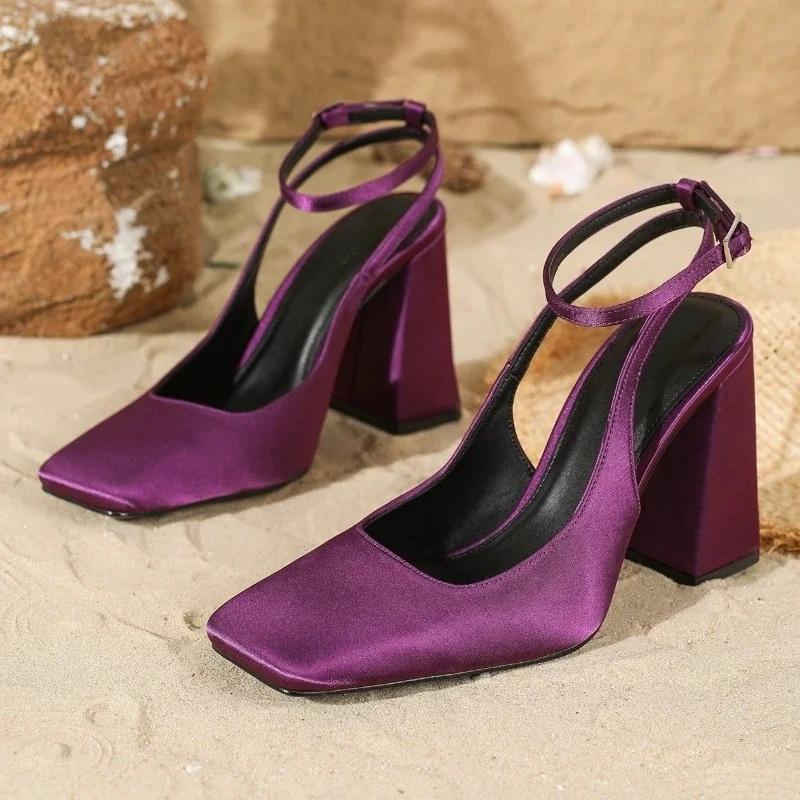 

Luxury Satin Women Pumps Chunky High Heels Square Toe Ankle Strap Elegant Party Wedding Shoes Dress Thick Heel Footwear 38 фіолетовий
