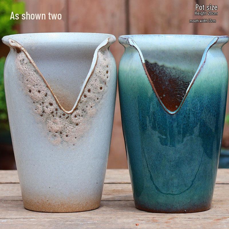 Handmade Coarse Pottery Wide-Mouth Flower Pot - Ceramic Zisha Succulent Planter with Rustic Cut-Edge Design for Chlorophytum