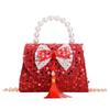 Adorable Red Shimmering Bow Pearl Children's Shoulder Bag For New Year Celebrations