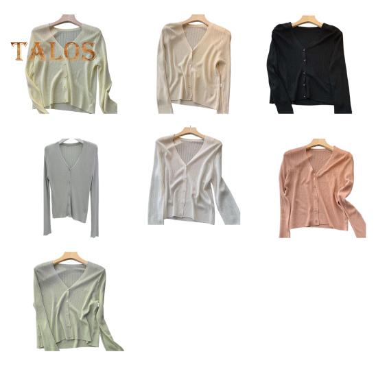 Sun Knit Cardigan for Women Long Sleeve V-Neck Button Up Thin Ice Silk Coat Summer Ribbed Cropped Top for Outdoor Travel Work Beach
