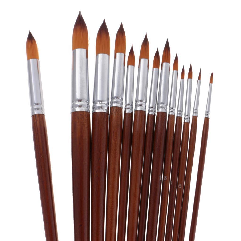 13 Pieces Artists Paint Brushes Set Wooden Handle Nylon Hair