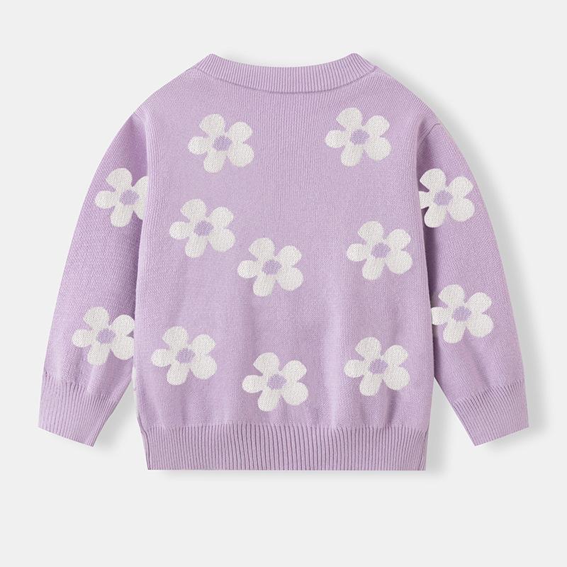 New Spring and Autumn Children's Cotton Thin Flower Sweater Coat for Girls and Baby with Round Neck Long Sleeve Knitted Cardigan
