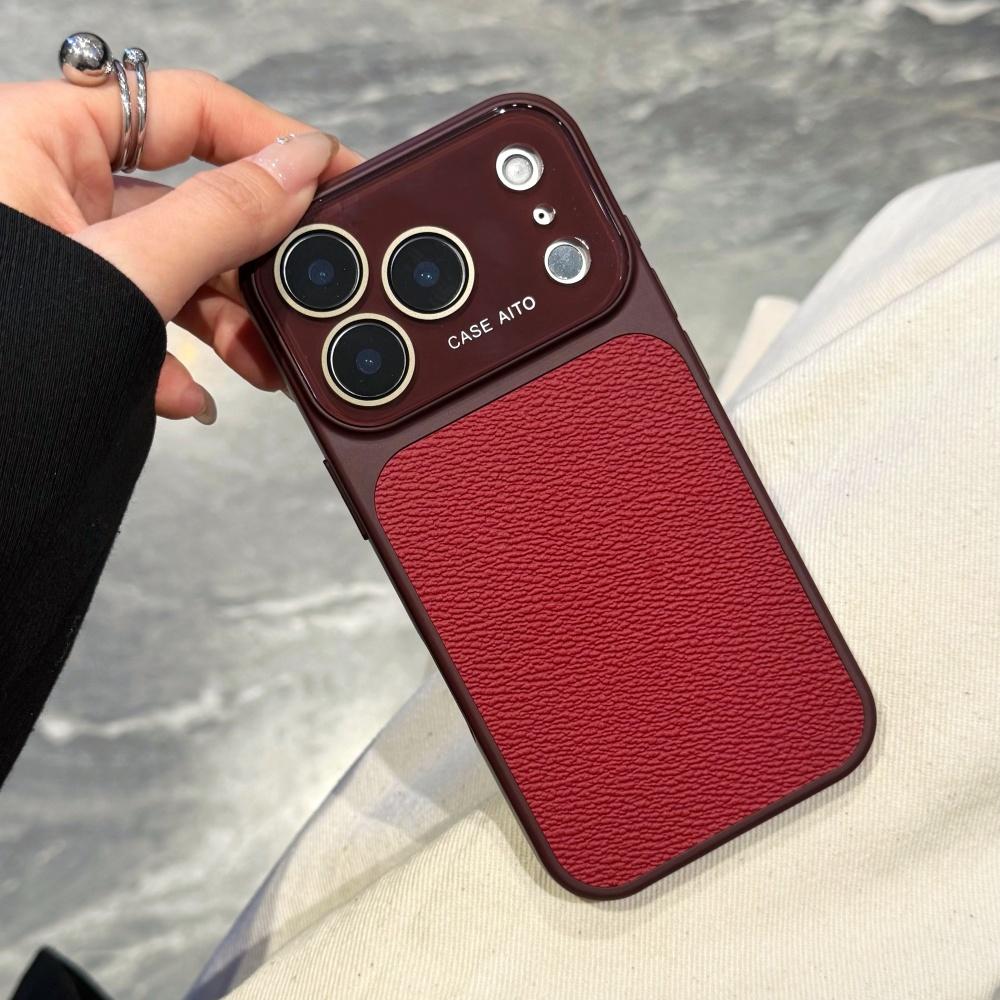 New Solid Color Leather Texture Phone Case For iPhone 17 16 15 14 Pro Max 13 Bumper Crystal Large Window Shockproof Cover