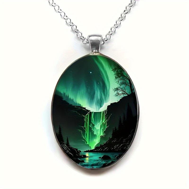 Anhänger Elegante Nordlichter Oval, Landschaft Vintage Halskette