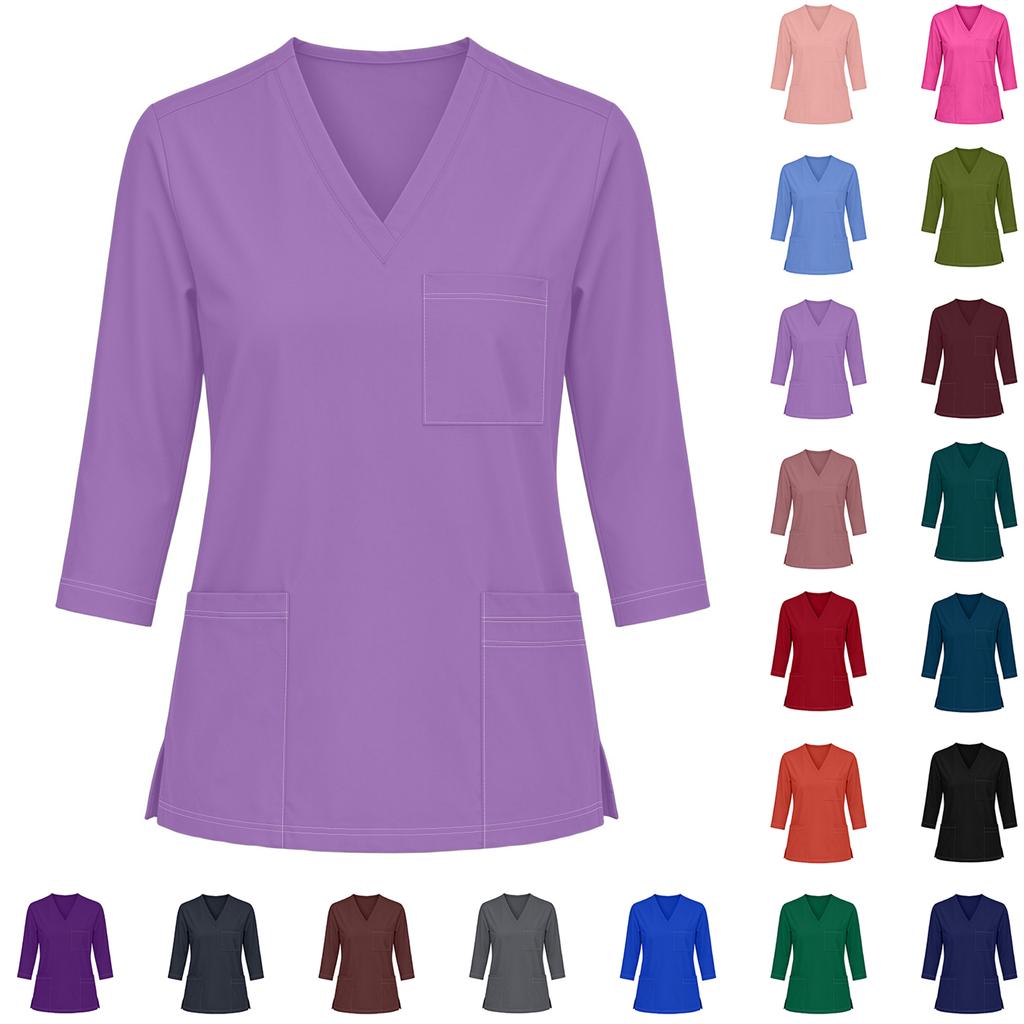 Top da lavoro da donna con scollo a V, tasche, spacchi laterali, manica corta, uniforme