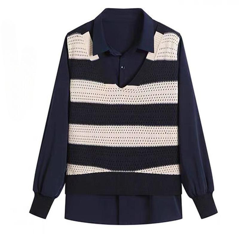 Stitching Shirts, Fake Two-piece Sweaters, Women's Western Style, Age-reducing Outer Wear, Fashion Striped Knitwear, Women