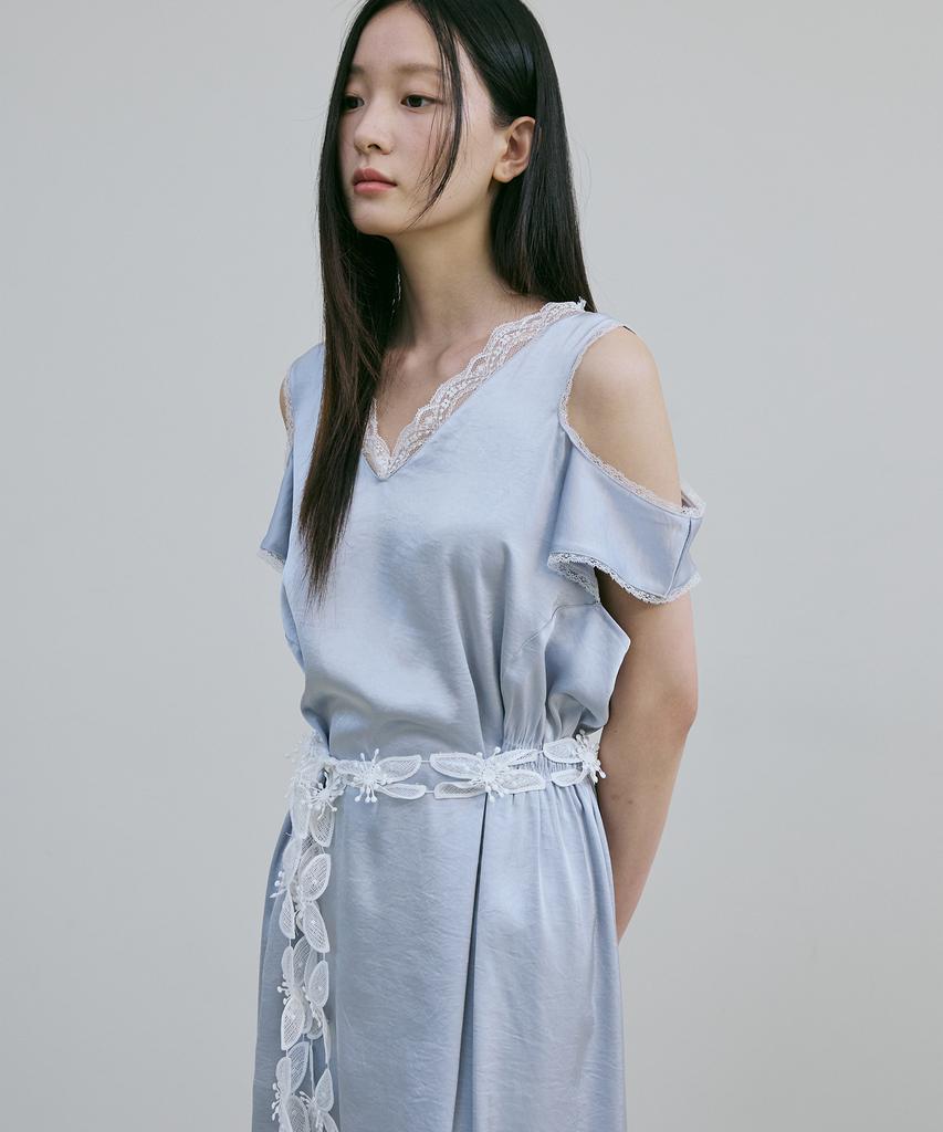 Beleudeunua Lace Trim Satin Dress (Blue)