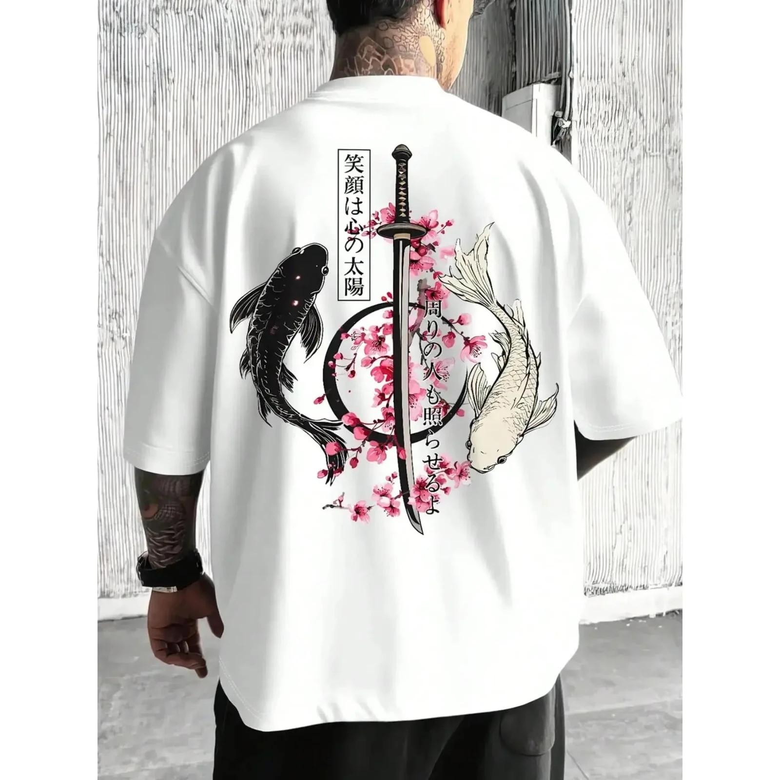 Men s Samurai Sword and Cherry Blossom Graphic Print Loose Fit T-Shirt XXXXL