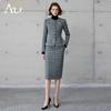 2024 Women's Gray Plaid Two-Piece Suit – Korean Style Formal Jacket & Skirt for Early Autumn