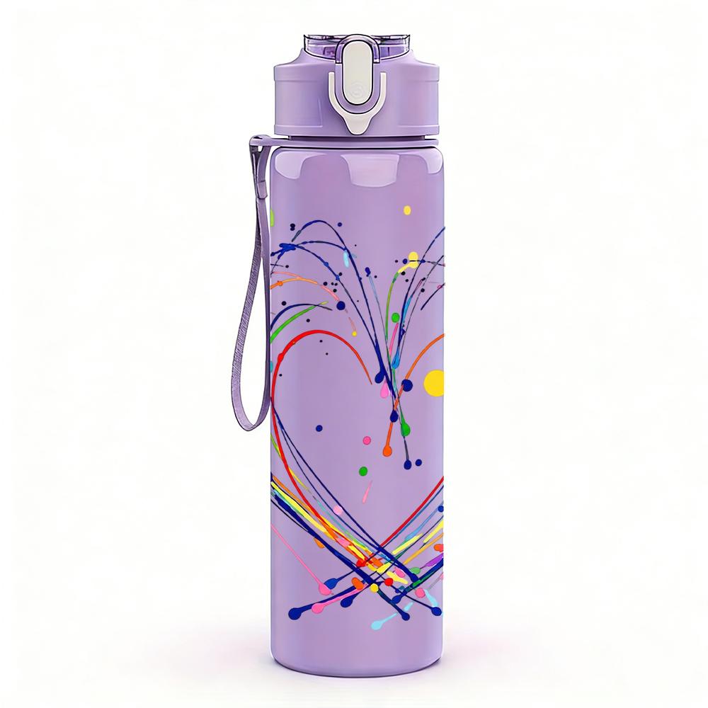 1PC Rainbow Graffiti Heart Sketch 750ml Color Plastic Sports Water Bottle Leakproof Flip Straw Lid Suitable for Sports Office Home Use