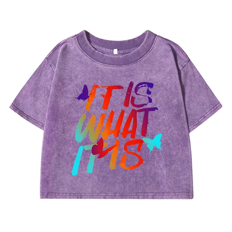 Colored Letters Printingprinting Women Washed Short T-Shirt Casual Street Distress Midriff-Baring T Shirts Breathable Tshirt