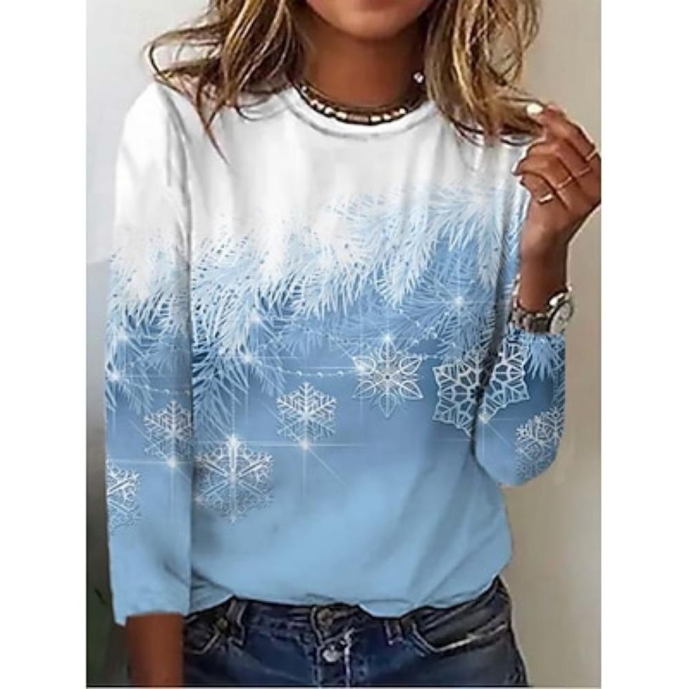 Women s Sweatshirt Winter Snowflake Print Long Sleeve Crew Neck Gradient Casual Comfortable Pullover Top S