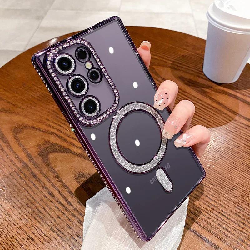 Luxury Sparkly Crystal Clear Case For Samsung Galaxy S24 Plus S23 S22 Ultra Magsafe Magnetic Wireless Charge Lens Film Cover