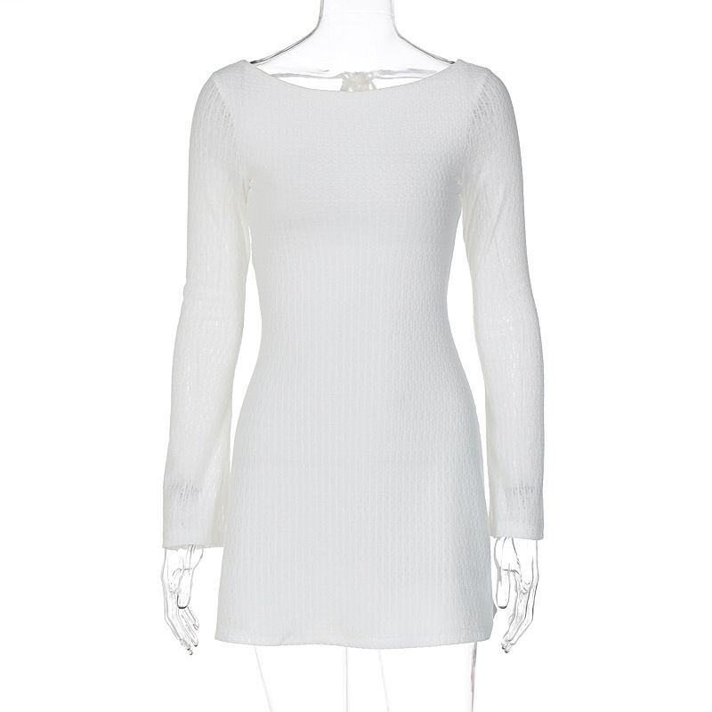 

Solid Color Long Sleeve Seamless Dress Pure Color Long Sleeves Backless Dress White S