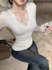 Lace V-Neck Slim-Fit Women's Long-Sleeve T-Shirt for Spring-Autumn, Sexy Hot Girl Style