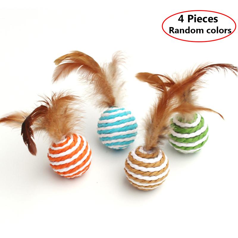 

4 шт. цветной сизаль интерактивный мяч игрушка для кошек товары для животных перо дрессировка кошек ловец кошек аксессуары для кошек игрушка мяч случайного цвета