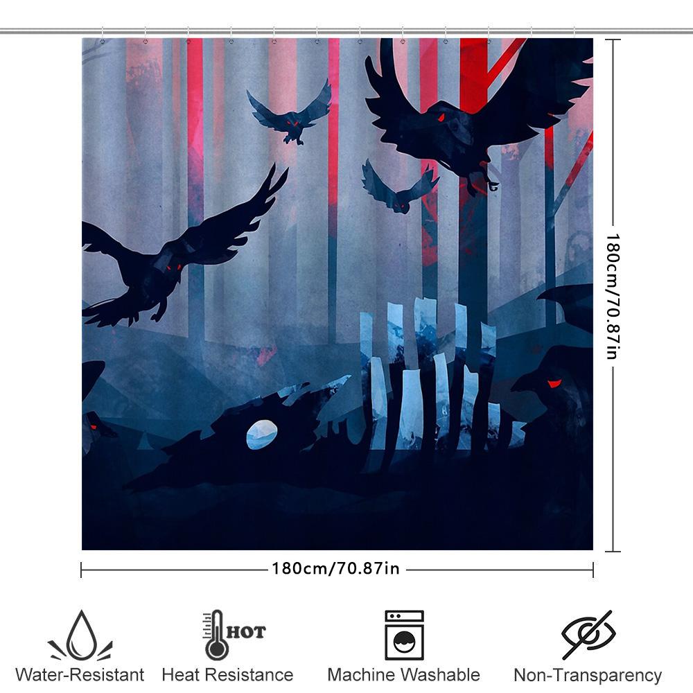 Gothic Raven Shower Curtain Dark Forest Halloween Decor Spooky Birds Washable Bathroom Set Vintage Horror Landscape Wall Art