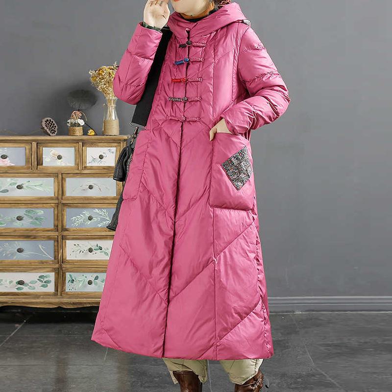 Down jacket women's retro ethnic style white duck down, winter buckle sticker thickened warm long hooded and thin outer