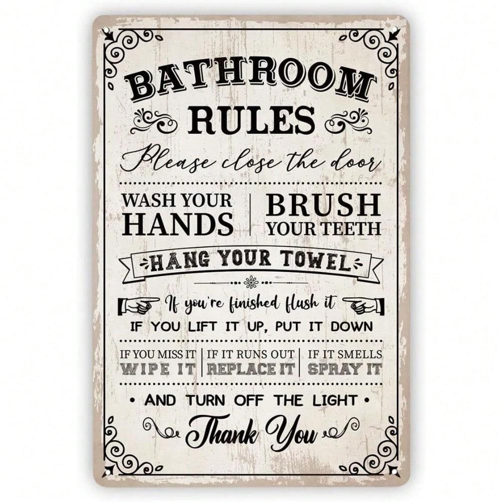 Funny Bathroom Rules Tin Sign Metal Wall Decor Retro Weather Resistant Vintage