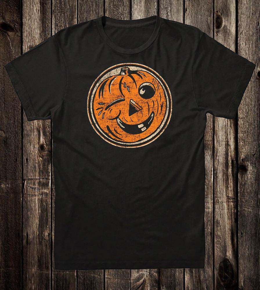 Retro Halloween Tee T Shirt Vintage Art Winking Jack O Lantern