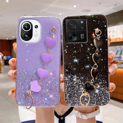 Mi11lite Love Heart Wrist Chain Glitter Case On For Xiaomi Mi 11 Lite 5g Ne 13 13t 12t 11t Pro 10t Bracelet Silicone Cover Mi13t