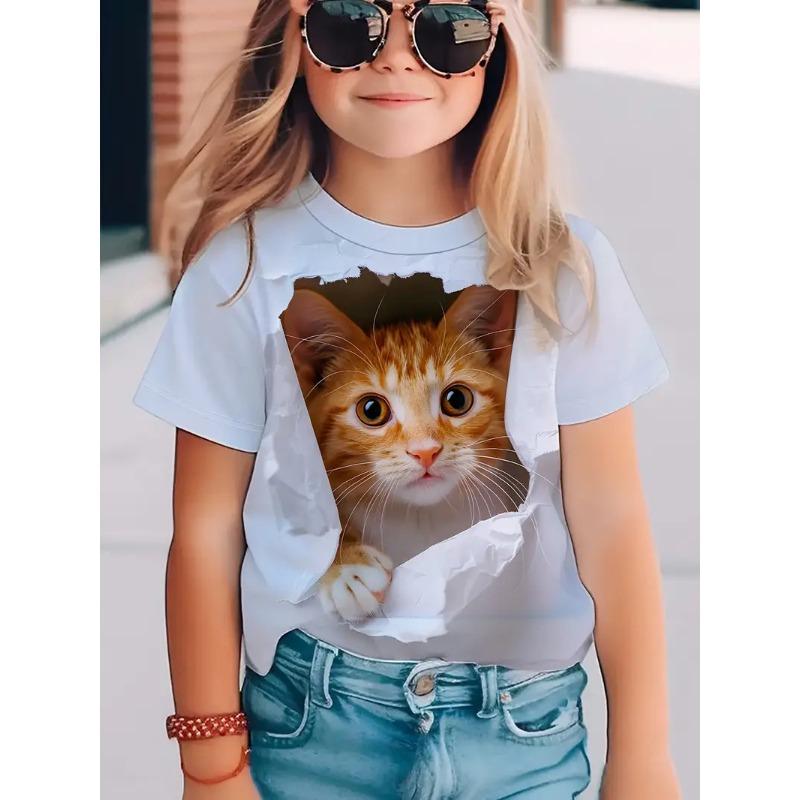 Children's Short Sleeved T-shirt Girls' Round Neck Summer Cat Print Fashionable Casual Versatile T Shirt
