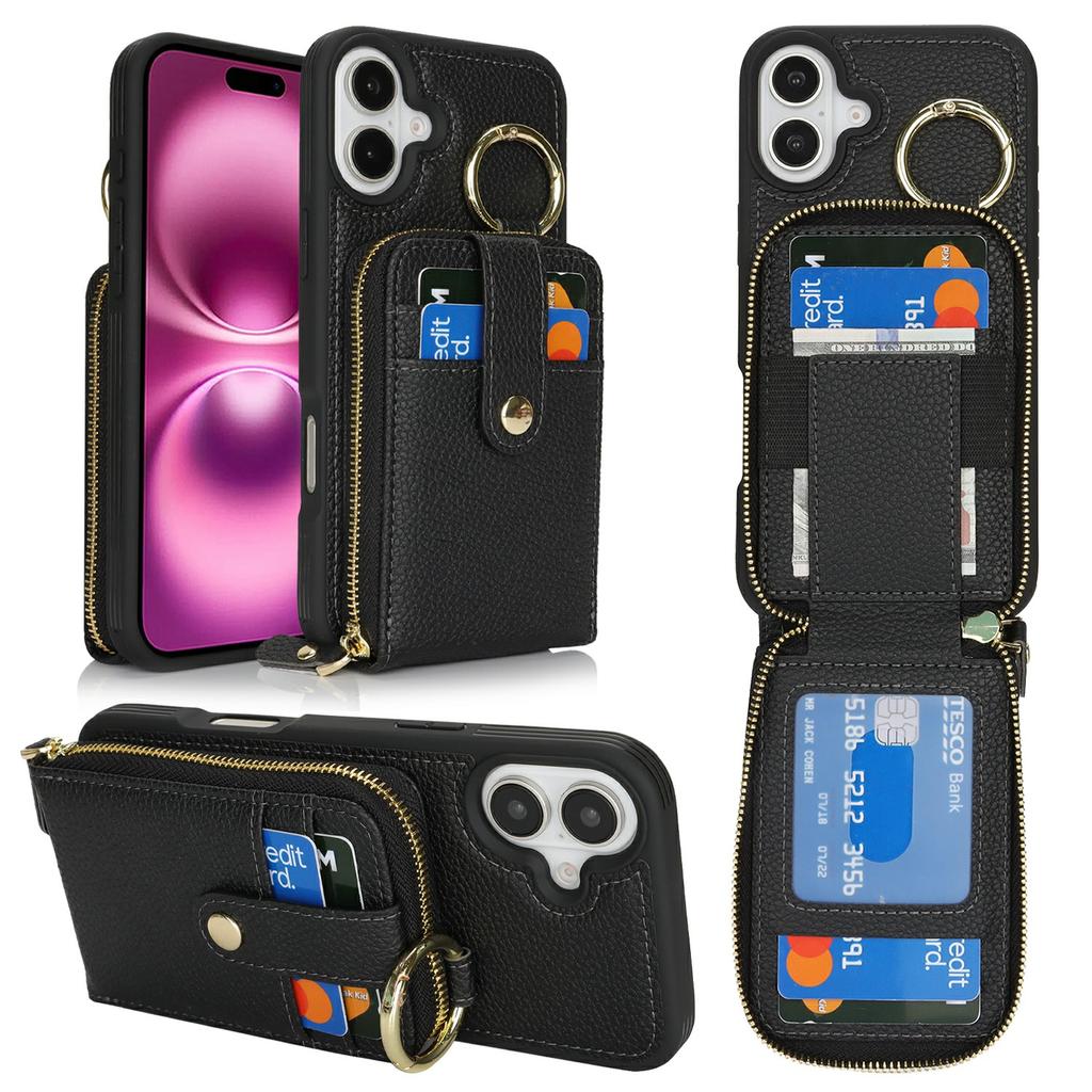 For iPhone 16 Plus Case with Zipper Pouch/Ring Kickstand/Strap Litchi Texture PU + TPU Phone Cover