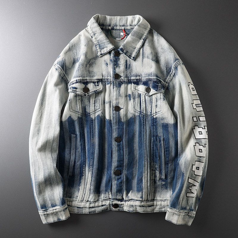 Ретро американская джинсовая куртка тяжелой стирки для весны и осени Blue and White XL