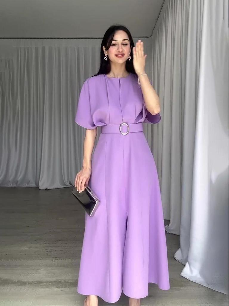 European & American Solid Color Round Neck Short Sleeve Slim Fit Long Dress with Waist Belt