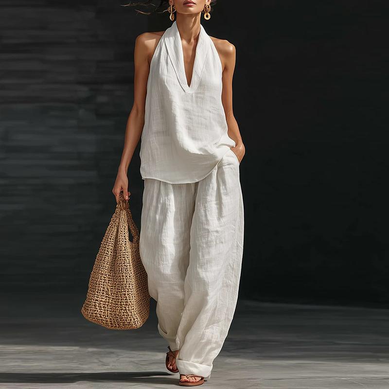 Summer Women Sleeveless Shirt Halter Vest High Waist Pocket Loose Pants Suit Women Casual Two Piece Female Loungewear S