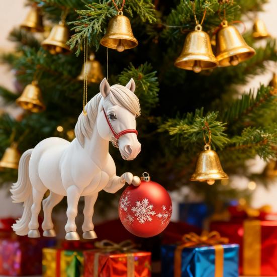 Horse Christmas Ornament Cartoon 2D Flat Horse Hanging Ornament with Santa Hat And Christmas Balls Acrylic Car Rear View Mirror Charm