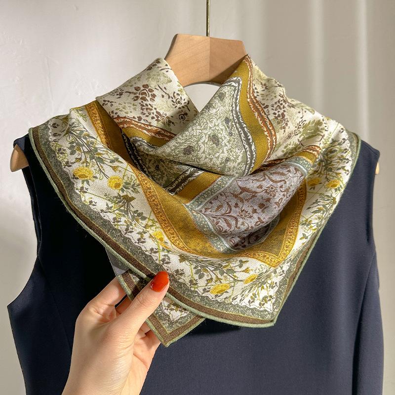 Premium silk wool square scarf women's retro versatile small silk scarf spring autumn and winter decoration neck protection warm scarf shawl
