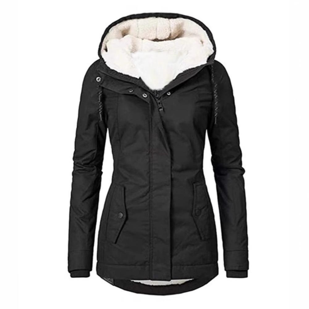 Women's Hooded Long Sleeve Slim Fit Mid Length Cotton Jacket Street Style Solid Outerwear Coat