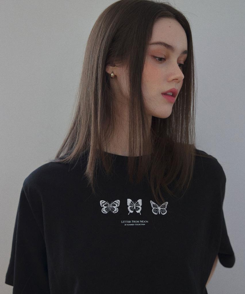 LETTER FROM MOON Triple Butterfly Embroidery Oversized Short Sleeve T-Shirt (Black)