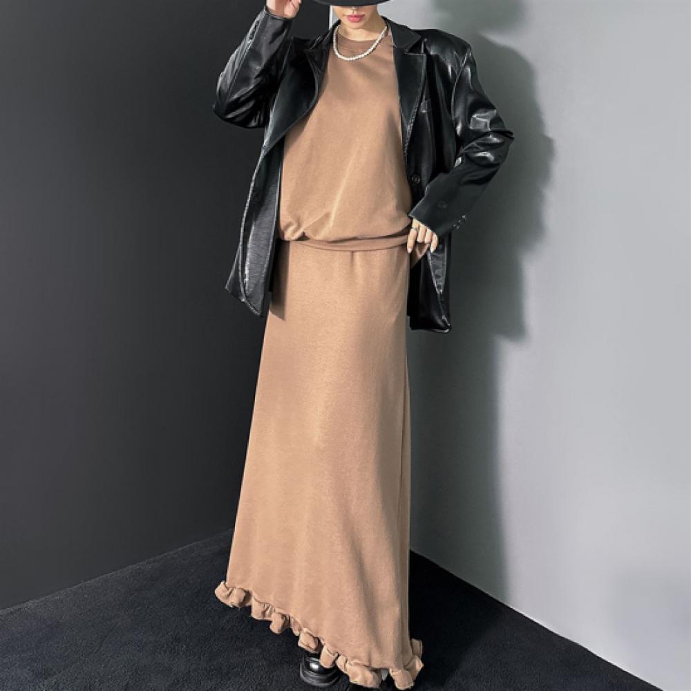New Arrivals Open Run Women Oversize Autumn Sweatshirt Frill Long Skirt Set