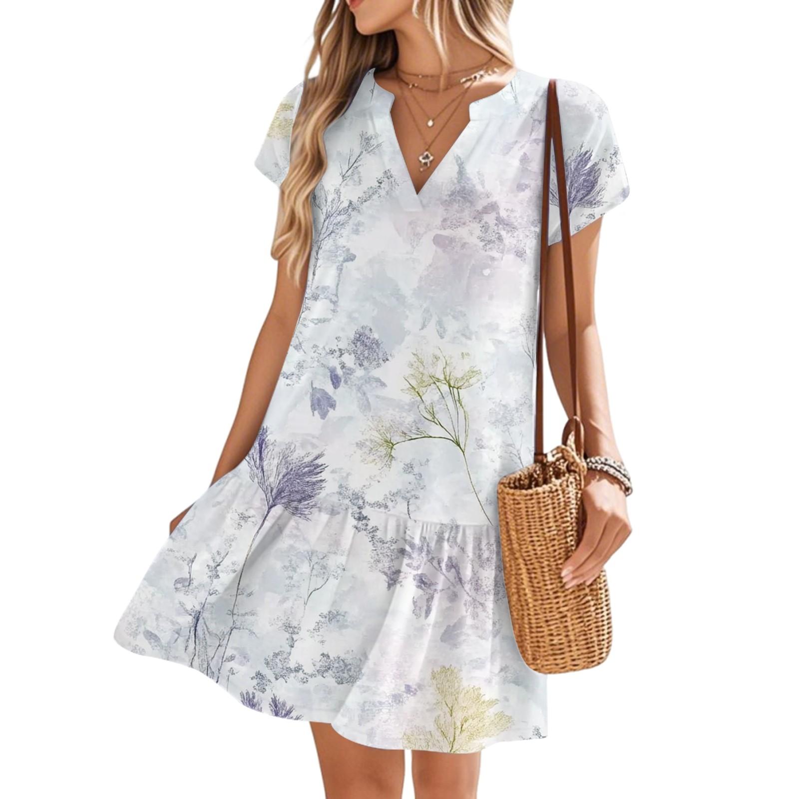 

Женские платья с коротким рукавом и V-образным вырезом с цветочным принтом Свободные повседневные пляжные платья в стиле темперамент XL белый