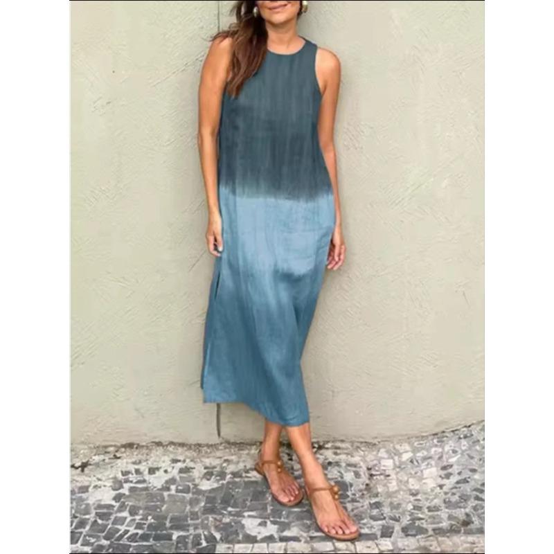 Fashion Vest Long Dress Women Summer Sleeveless O Neck Dress Summer Gradient Casual Dresses