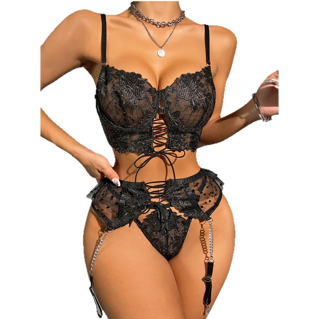 European and American Style Hot-selling Models, Complex Heavy Industry Metal Chain Splicing Perspective Mesh Polka Dot Sexy Underwear Set, Spot
