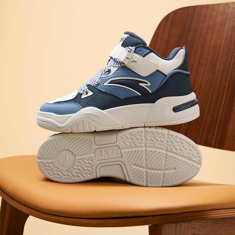 Anta Kids Synthetic Leather Fashion Versatile Non-Slip Wear-Resistant Mid-Top Kids Skate Shoes Kids Sneakers Blue White A12448004-3