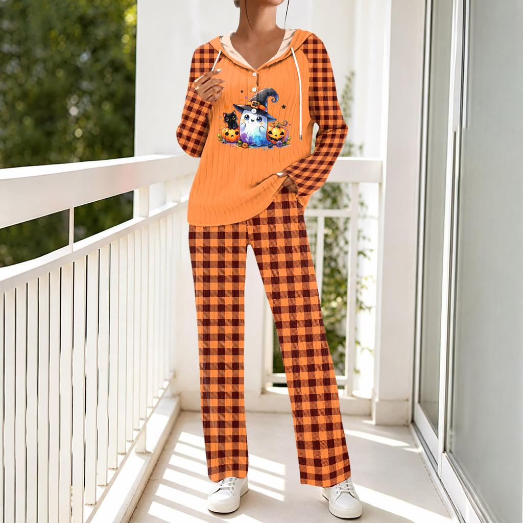 Women's Casual Loose Fit Hooded Long Sleeve V-Neck Pajama Set with Pockets, Halloween Print Loungewear Sleepwear Set