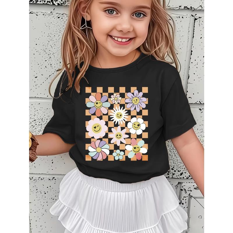 Sweet Floral Print Short-Sleeve T-Shirt for Spring And Summer, Stylish And Versatile for Casual Wear 110 чёрный