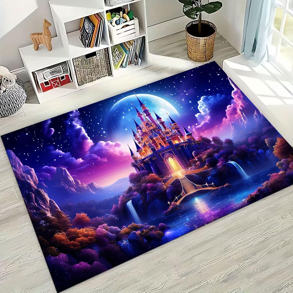 Enchanted Fairytale Princess Castle Gothic Castle Cartoon Rug for Bedroom Living Room Sofa Home Doormat Decor, Kids Non-slip Mat