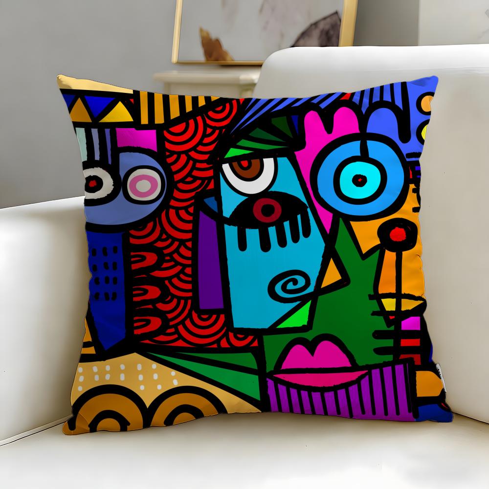 art theme Colorful Abstract Faces Cushion Cover Soft  EasyWash Pillow Case  Versatile for Couch Bed Travel and Office
