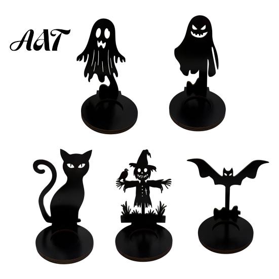 Dark Festive Table Centerpiece Halloween Wooden Candle Holder, Black Hollow Crow Spider Tealight Display Party Atmosphere Decor Stand, Gothic