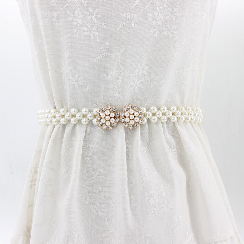 Women'S Rhinestone Pearl Waist Chain Dress Decorative Elastic Belt Women'S Sweet Flower Elastic Waist Seal